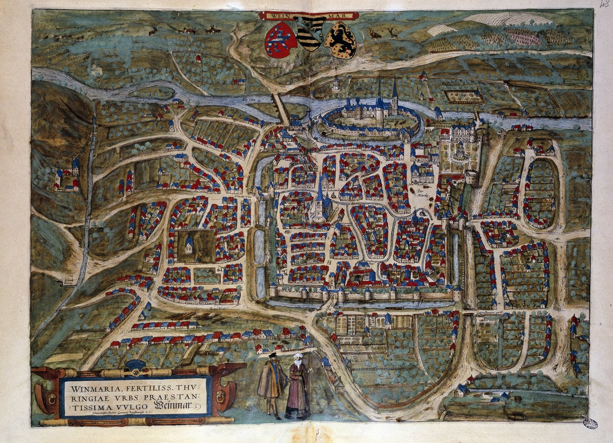 خريطة مدينة فايمار الألمانية. نقش من أطلس “Braun and Hogenberg” 1572 بواسطة فرانس