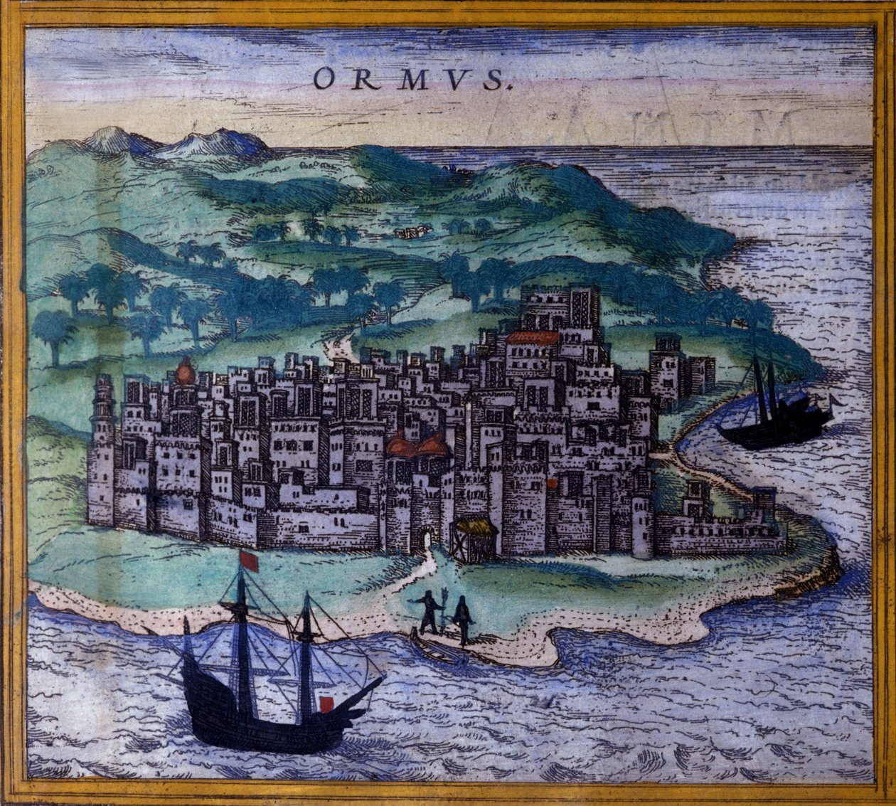 جزيرة هرمز أو هرمز الإيرانية على الطريق إلى جزر الهند بعد أطلس "Civitates Orbis Terrarum" في براون وهوجنبرغ بواسطة فرانس