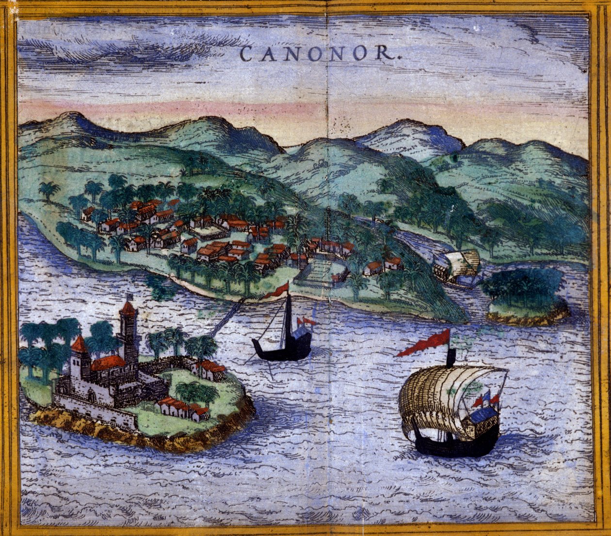 منظر لـ Canonor (أو Cannanore) في الهند من إصدار "Civitates Orbis Terrarum" بواسطة Braun و Hogenberg بواسطة فرانس