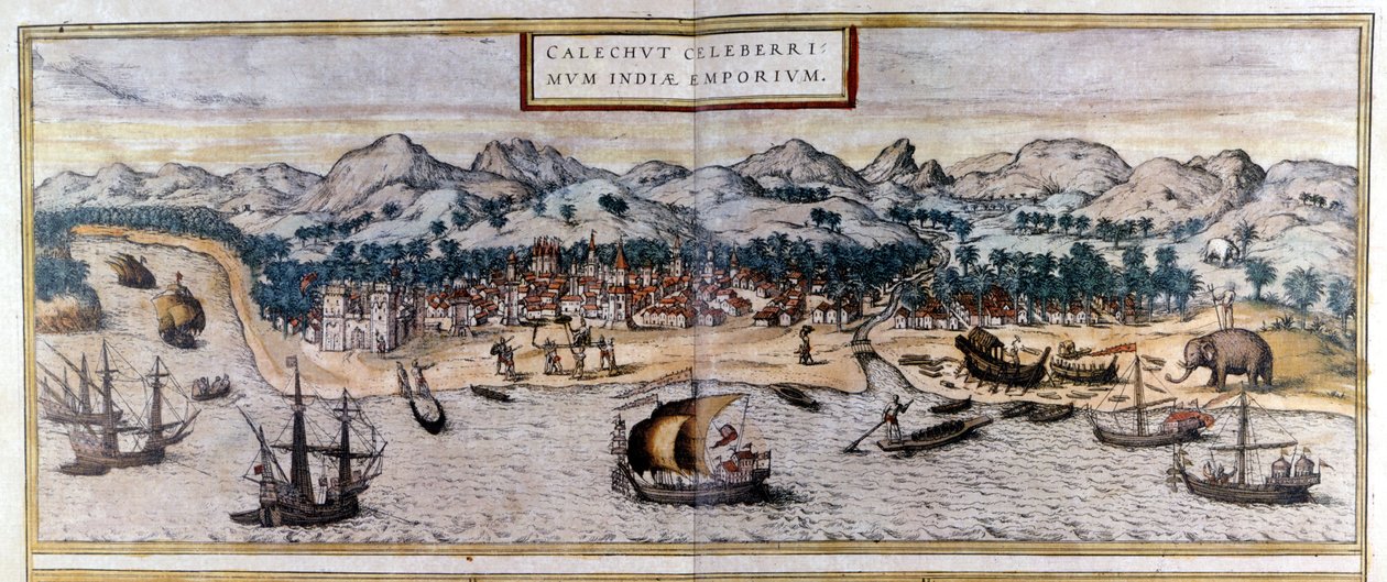 منظر لكوزيكود أو كاليكوت في الهند من أطلس "Civitates Orbis Terrarum" بواسطة Braun & Hogenberg بواسطة فرانس