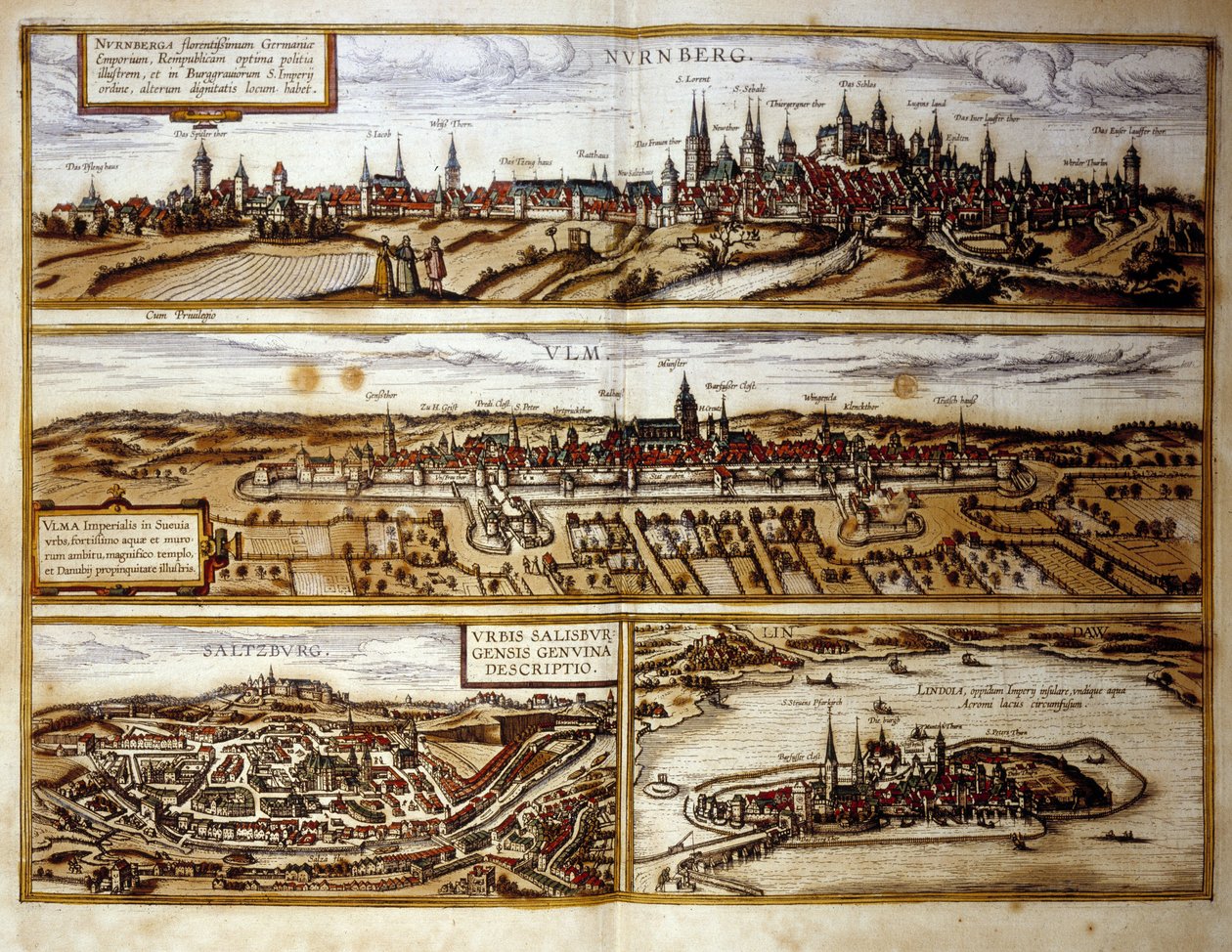 منظر لمدينتي نورمبرغ وأولم ، سالزبورغ ، النمسا. نقش من أطلس “Braun and Hogenberg” 1572 بواسطة فرانس