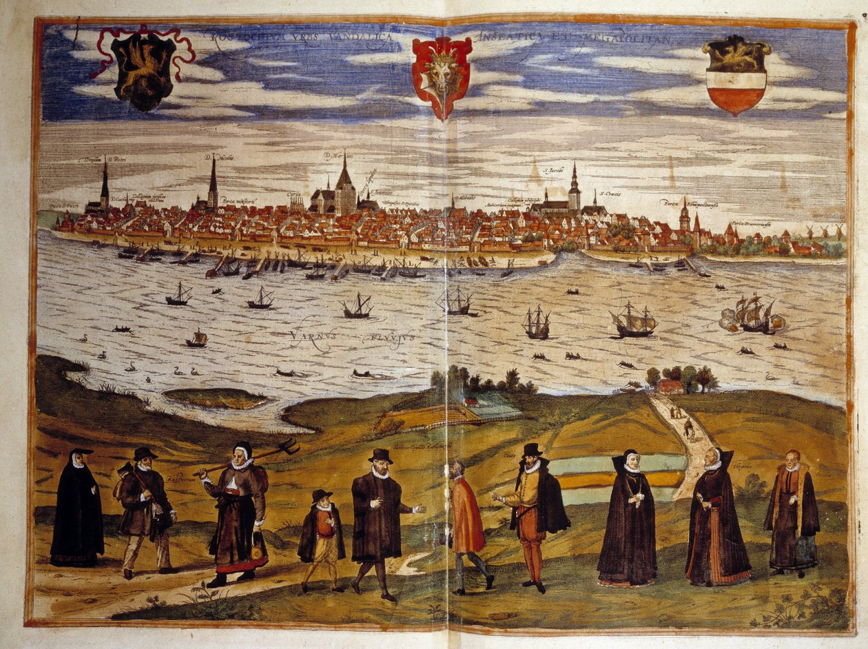 منظر لمدينة روزتوك ، ألمانيا. نقش من أطلس “Braun and Hogenberg” 1572 بواسطة فرانس