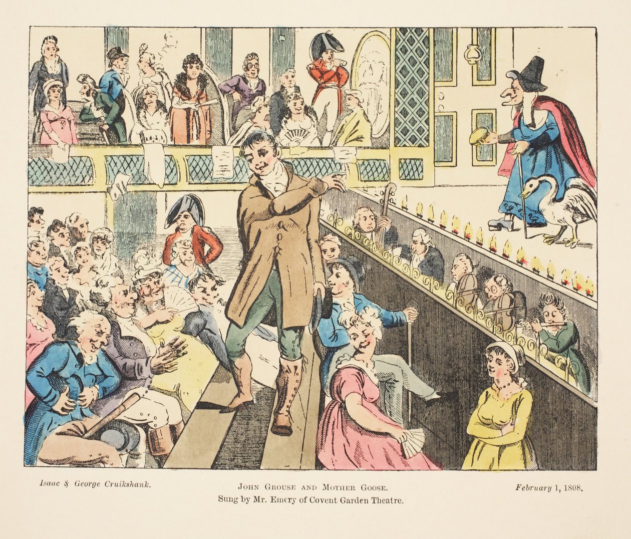 جون غروس و Mother Goose ، غناها السيد Emery من Covent Garden ، حانة. 1808 (نقش يدوي) بواسطة إسحاق وروبرت وجورج كروكشانك