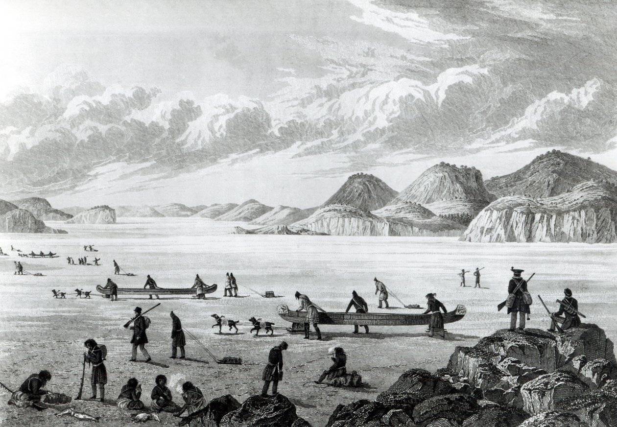 بعثة تمر عبر بوينت لاتا على الجليد ، نقشها إدوارد فرانسيس فيندن (1791-1857) 25 يونيو 1821 بواسطة جورج باك