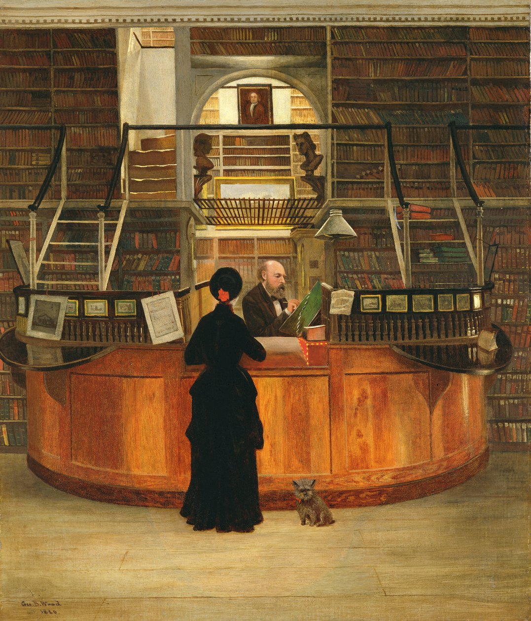 داخل مكتبة لوغان فيلادلفيا ، مع أمين المكتبة LLoyd Pearsall Smith في مكتبه ، 1880 بواسطة جورج بيكون وود