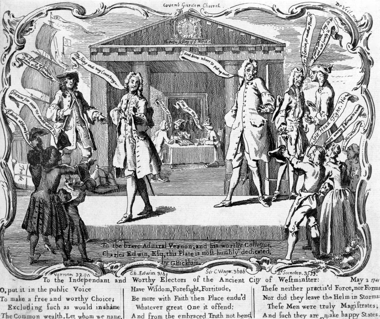 هجاء على انتخابات وستمنستر مع المرشحين في hustings من رواق سانت بول ، كوفنت غاردن ، 1741 بواسطة جورج بيكهام