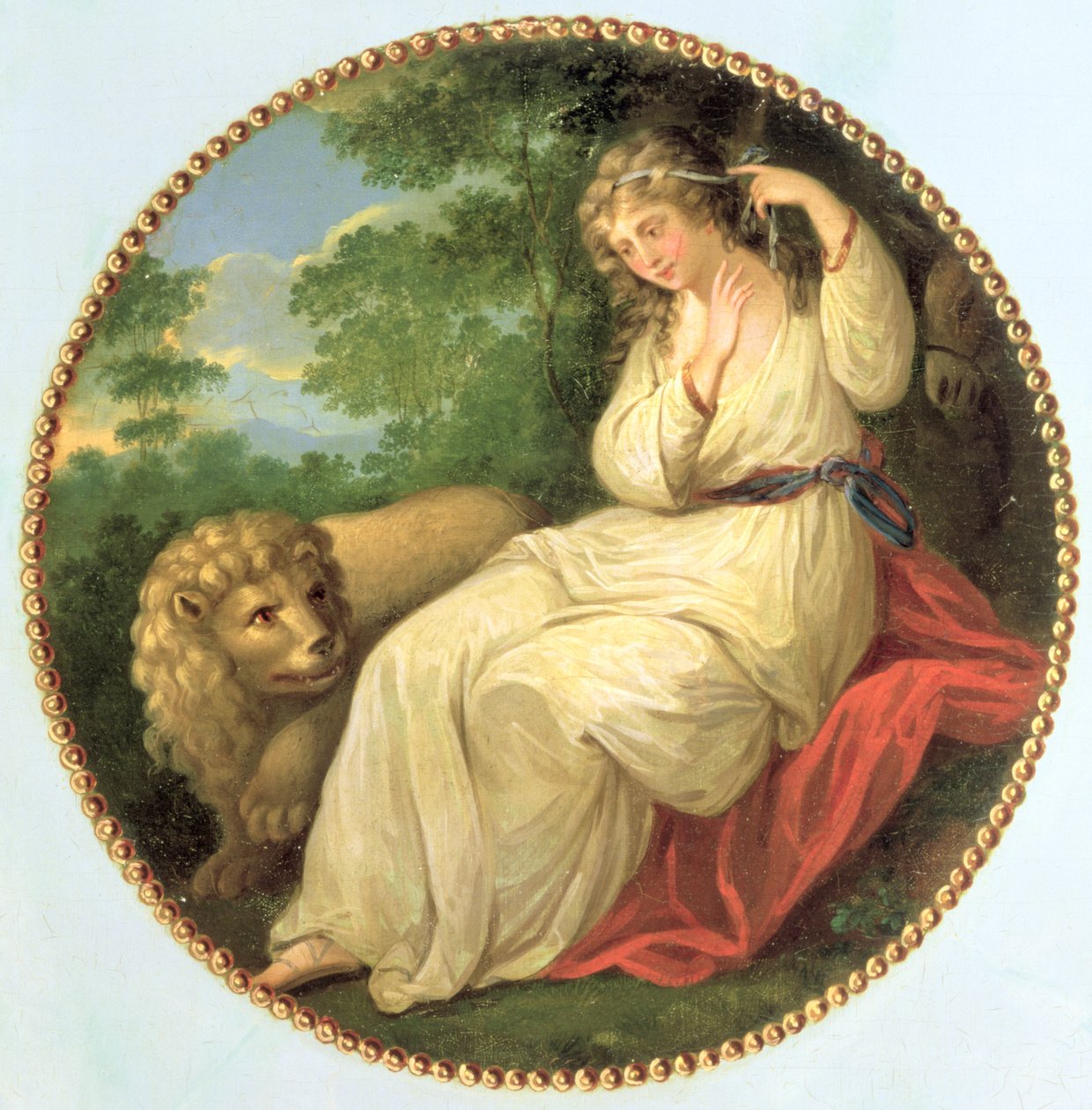 أونا والأسد ، التصميم مأخوذ من نقش عام 1783 من قبل توماس بورك (1749-1815) بعد أنجليكا كوفمان (1741-1807) واحدة من ثلاث ميداليات زخرفية من صوان جورج الثالث ، c.1790 (لوحة بواسطة جورج بروكشو