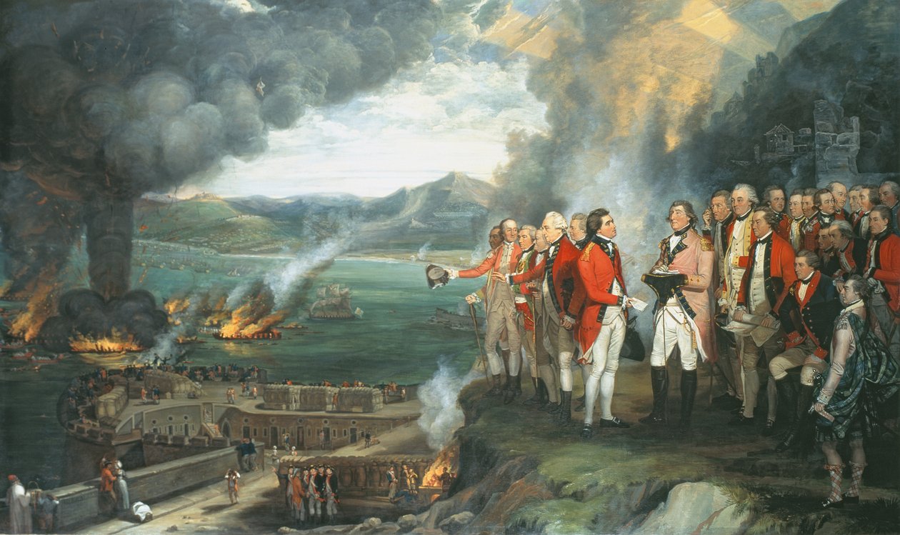 الجنرال إليوت وضباطه يراقبون تدمير البطاريات العائمة ، جبل طارق ، 14 سبتمبر 1782 ، 1784 بواسطة جورج كارتر