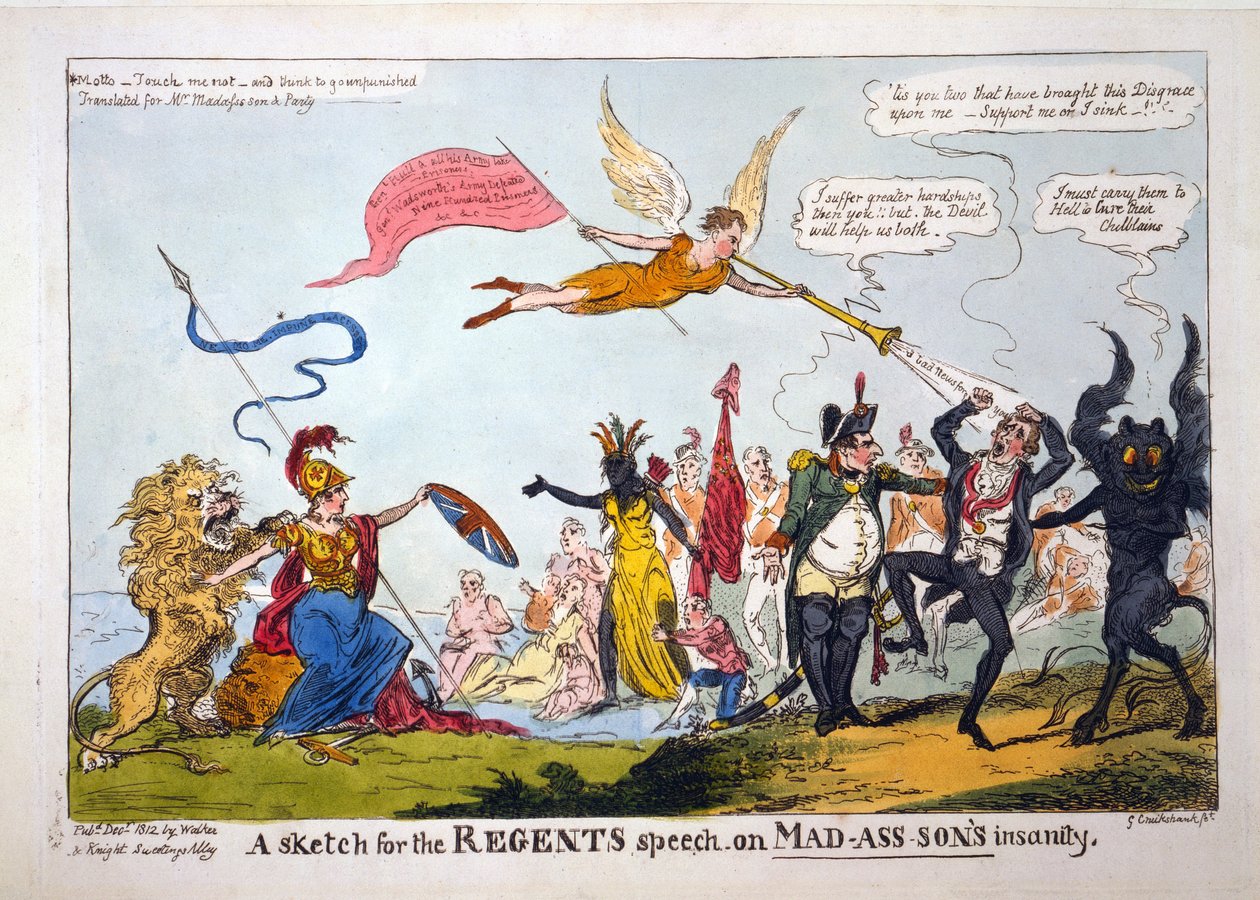 رسم تخطيطي لخطاب الحكام على جنون Mad-Ass-Son&39;s ، حانة. 1812 (نقش يدوي) بواسطة جورج كروكشانك