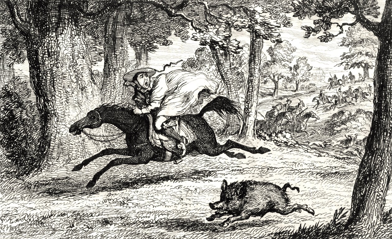 الكاردينال جون من بيلو يطارد الخنزير ، التوضيح من "كوينتين دوروارد" للسير والتر سكوت (1771-1832) نشر عام 1845 بواسطة جورج كروكشانك