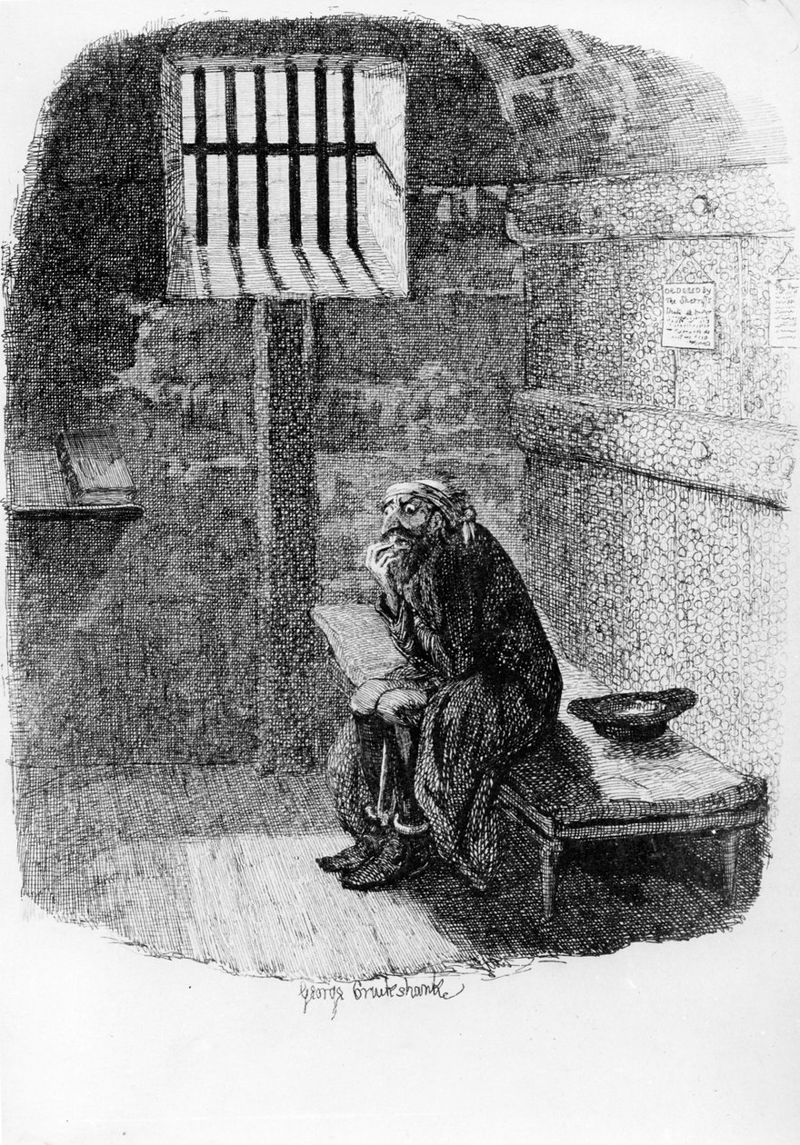 فاجين في الزنزانة المدانة ، رسم توضيحي من "أوليفر تويست" بقلم تشارلز ديكنز ، 1838 بواسطة جورج كروكشانك