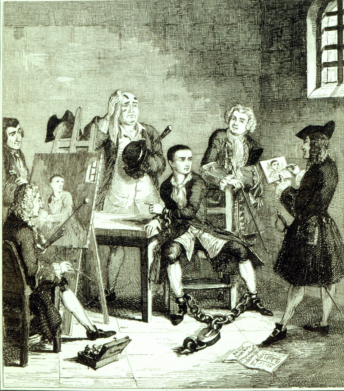 جاك في Newgate Ward يحتوي على صور التقطها السير جيمس Thornhill und William Hogarth ، التوضيح من "Jack Sheppard: A Romance" بقلم ويليام هاريسون أينسورث ، نشر عام 1839 بواسطة جورج كروكشانك
