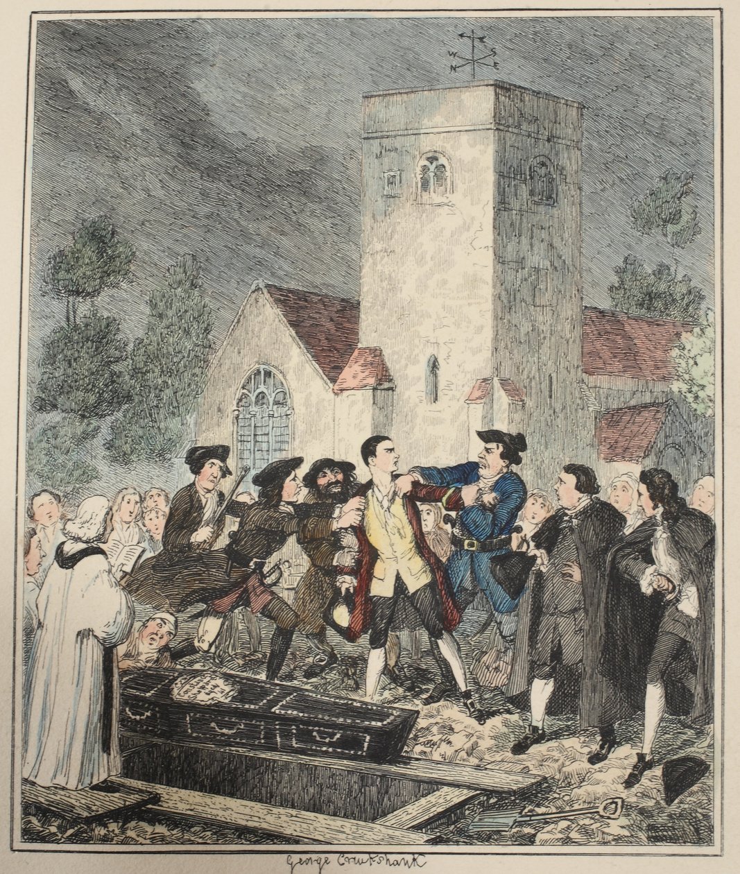 جوناثان وايلد يستولي على جاك في جنازة أمهاته في Willesden Churchyard ، رسم توضيحي من Jack Sheppard: A Romance by William Harrison Ainsworth ، نشر عام 1839 (النقش اليدوي) بواسطة جورج كروكشانك