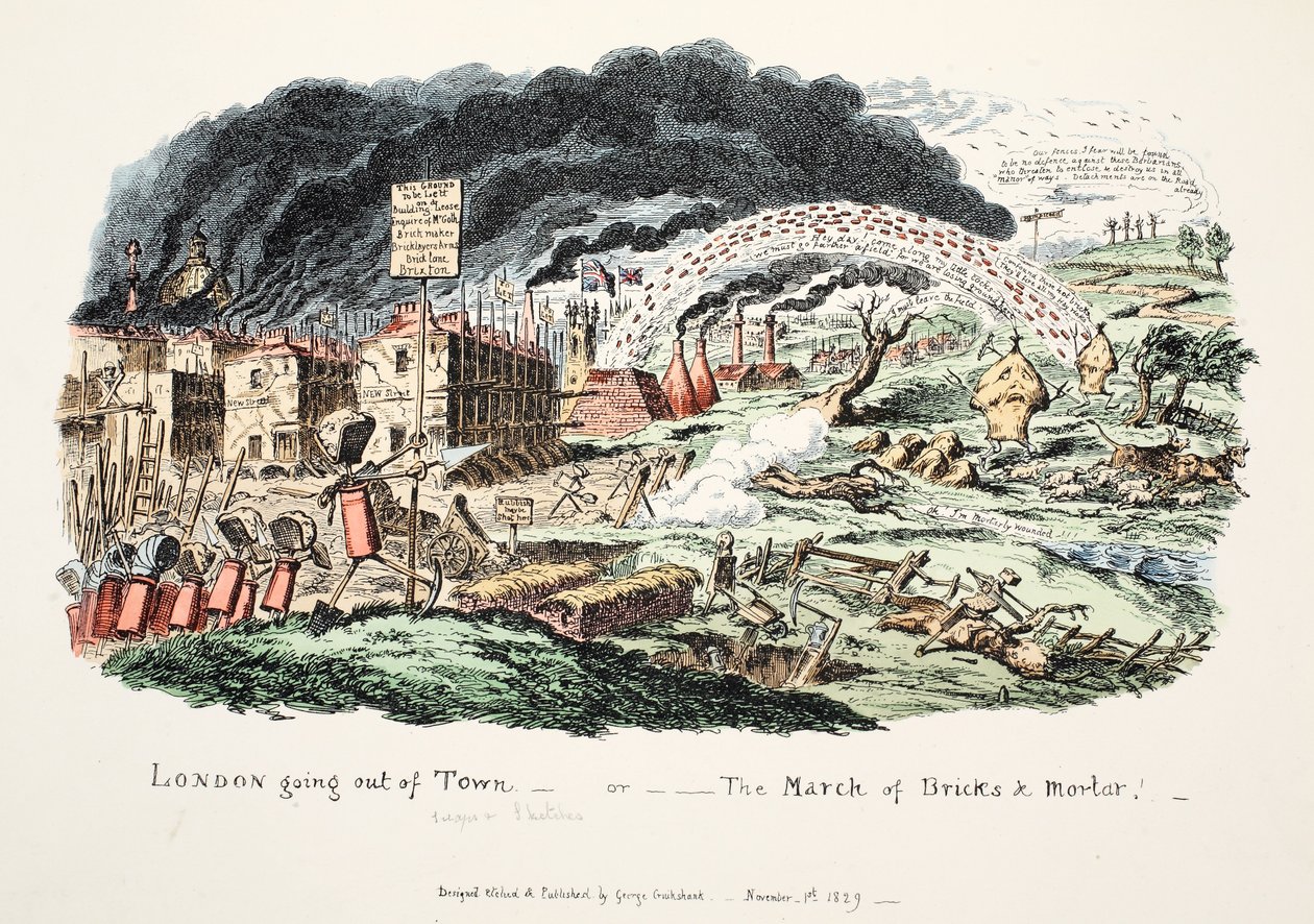 لندن الخروج من المدينة أو "مسيرة الطوب وقذائف الهاون" ، 1829 (النقش اليدوي) بواسطة جورج كروكشانك