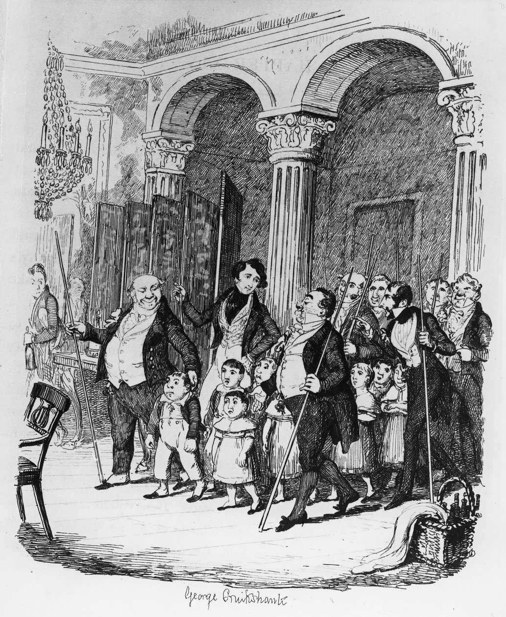 عشاء عام ، رسم توضيحي من "Sketches by Boz" ، 1836 بواسطة جورج كروكشانك