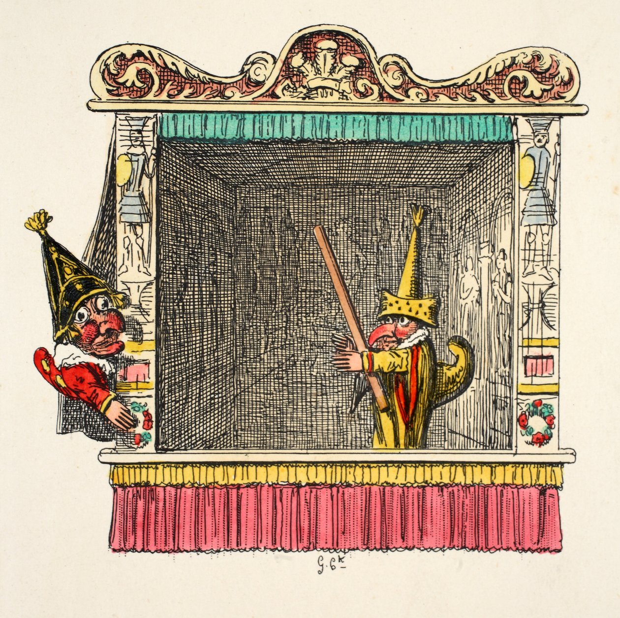 لكمة و Scaramouch من حانة "Punch and Judy". 1827 (نقش يدوي) بواسطة جورج كروكشانك