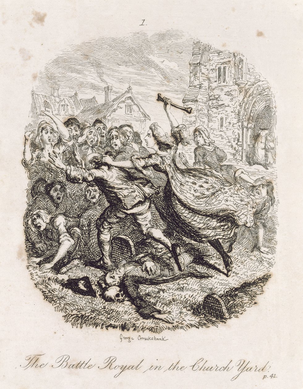 The Battle Royal في Church Yard ، من "Tom Jones ، The History of a Foundling" ، منقوش بواسطة الفنان ، صورة توضيحية من "أعمال هنري فيلدنغ" ، الحانة. هنري ج.بوهن ، 1853 بواسطة جورج كروكشانك