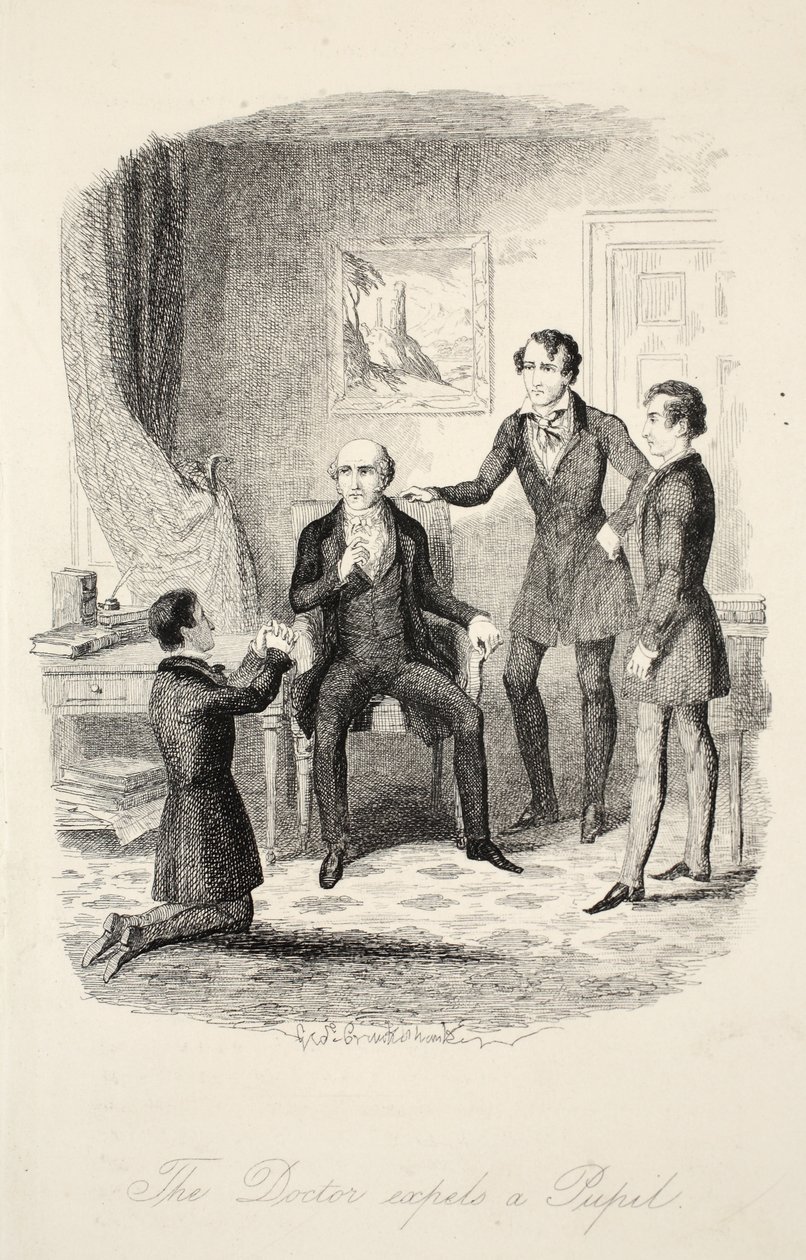 يقوم الطبيب بطرد تلميذ ، من فرانك فيرلي أو مشاهد من حياة تلميذ خاص ، حانة. ج 1870 بواسطة جورج كروكشانك