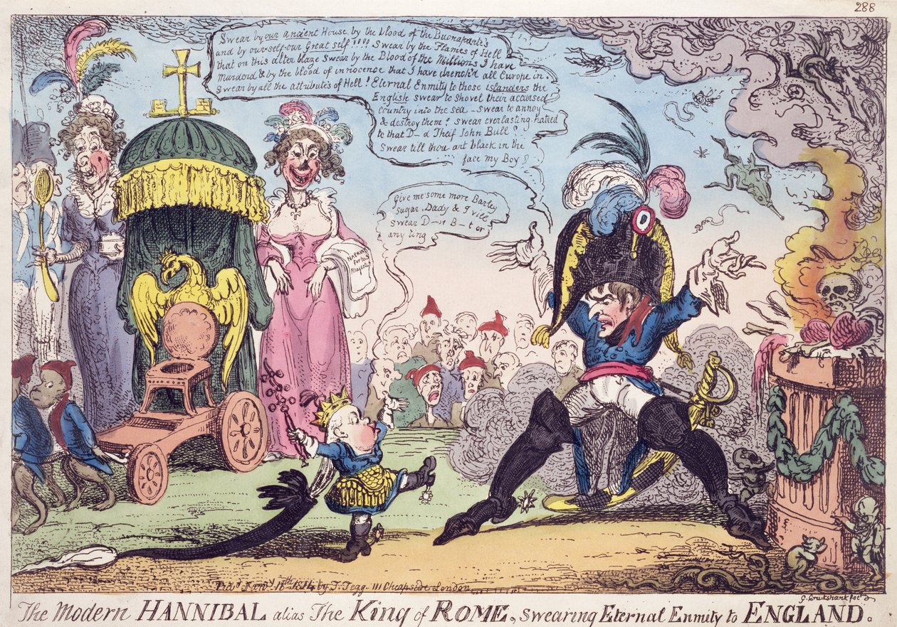 ملك روما ، 1814 - رسم كاريكاتوري يظهر نابليون وابنه ، نابليون الثاني (1811-1832) ، روي دي روما بواسطة جورج كروكشانك