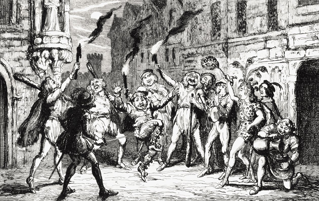 The Revelers ، رسم توضيحي من "The Fair Maid of Perth" للسير والتر سكوت (1771-1832) نشر عام 1845 بواسطة جورج كروكشانك
