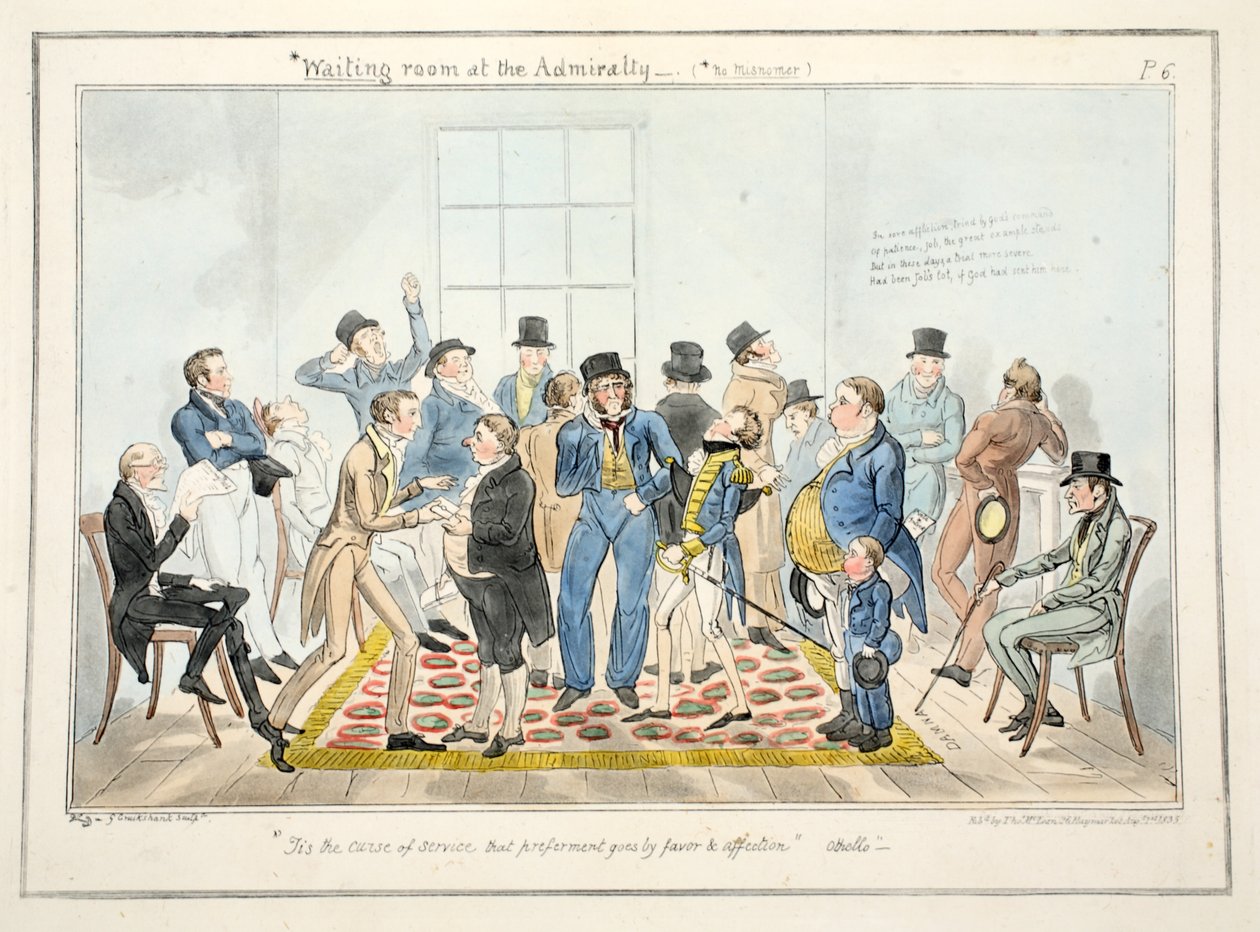غرفة الانتظار في الأميرالية ، من The Progress of a Midshipman ، pub. 1835 (نقش يدوي) بواسطة جورج كروكشانك