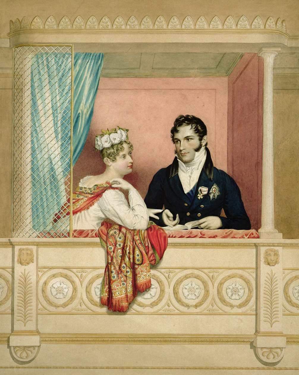 الأميرة شارلوت أوغستا من ويلز (1796-1817) والأمير ليوبولد من ساكس كوبورغ جوثا (1790-1865) في صندوقهما في كوفنت غاردن بواسطة جورج داوي