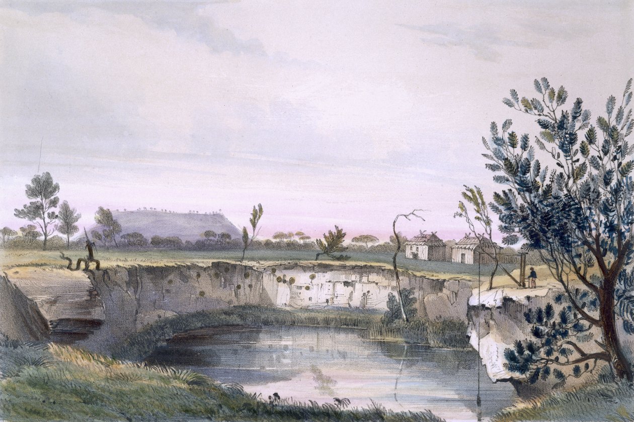 محطة غنم السادة آرثر مع إحدى الآبار البركانية. جبل شانك في المسافة - في الصباح الباكر ، من "جنوب أستراليا المصور" ، نُشر عام 1847 (نقش ملون باليد) بواسطة جورج فرينش انجاس