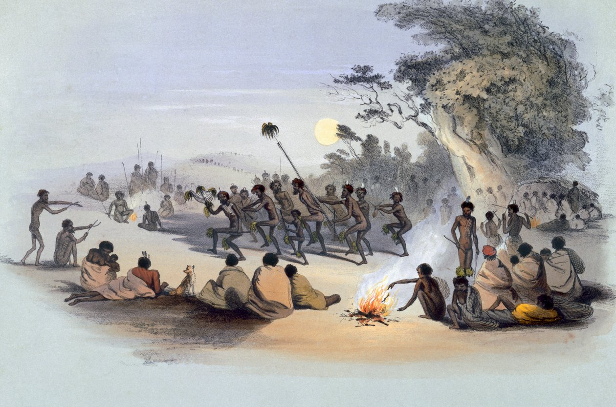 السكان الأصليون: رقصة كوري ، من "جنوب أستراليا المصور" ، نُشر عام 1847 (نقش يدوي) بواسطة جورج فرينش انجاس