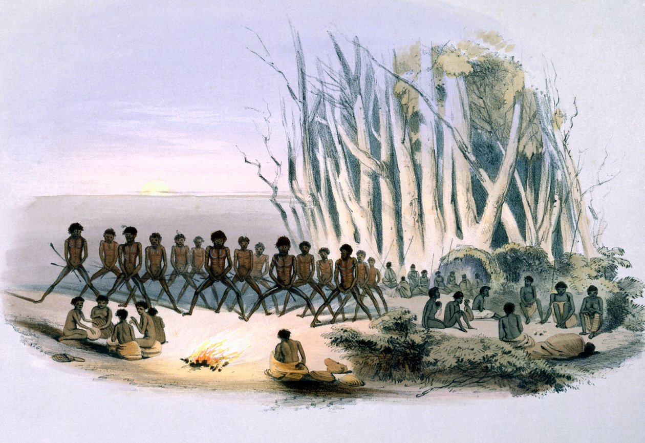 السكان الأصليون: رقص بالتي ، من `` South Australia Illustrated &39;&39; ، نشر في عام 1847 (نقش ملون باليد) بواسطة جورج فرينش انجاس