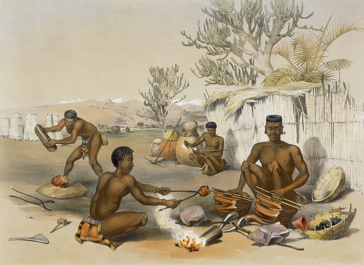 الزولو حدادون في العمل ، اللوحة 23 من "The Kafirs Illustrated" ، 1849 بواسطة جورج فرينش انجاس