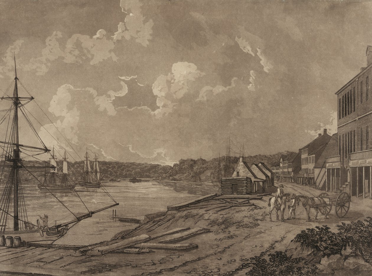 منظر لضواحي مدينة واشنطن (واجهة جورج تاون المائية) ، c.1795 (aquatint) بواسطة جورج ايشام باركنز