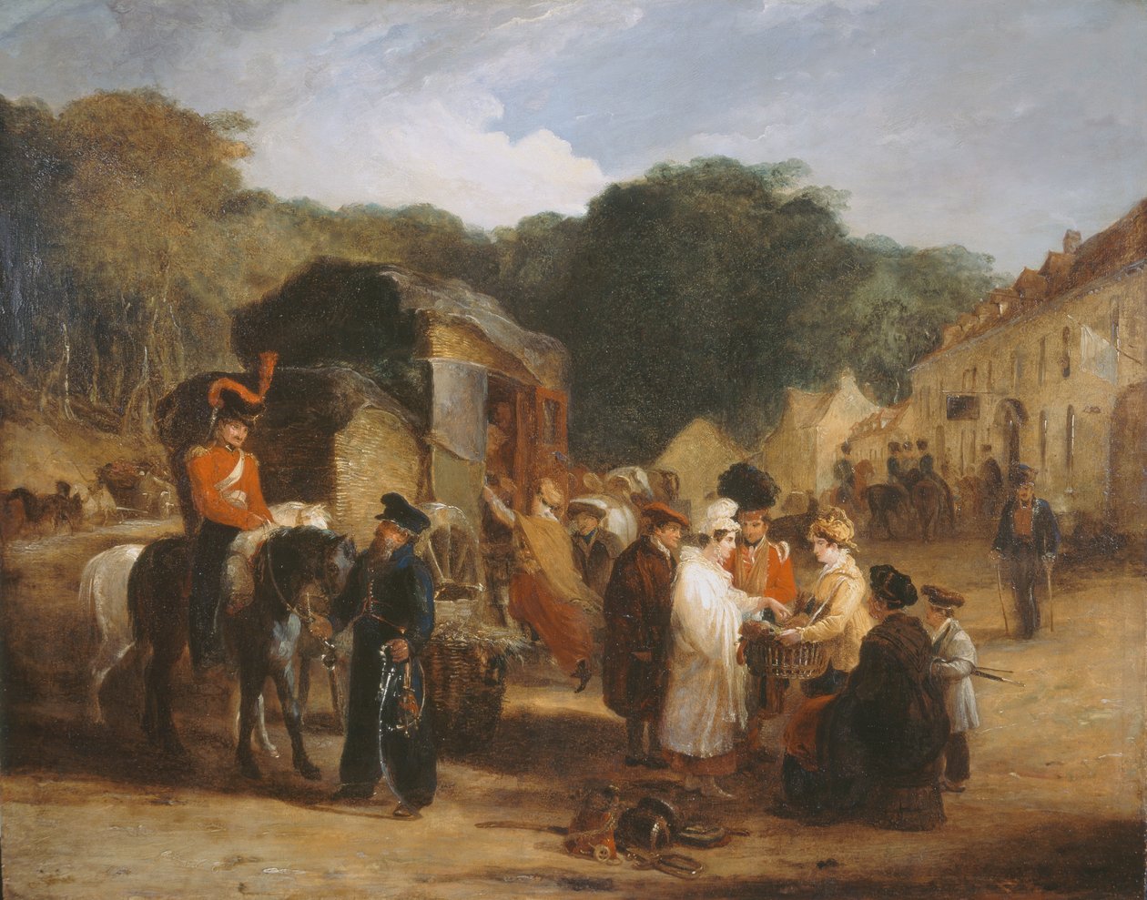 قرية واترلو ، مع المسافرين الذين اشتروا الآثار التي تم العثور عليها في ميدان المعركة ، 1815 ، c.1821 بواسطة جورج جونز