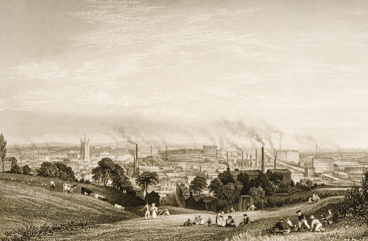 منظر عام لمدينة ستوكبورت ، لانكشاير يُظهر مصانع القطن ، التي نشرتها JC Varrall (fl.1815-27) 1830s بواسطة جورج بيكرينغ