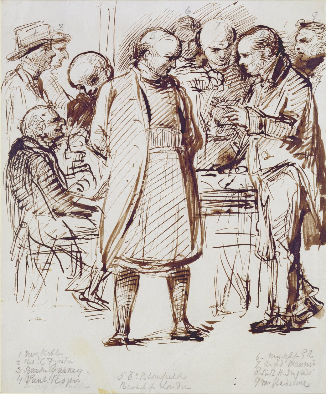 مجموعة من رجال الكنيسة والسياسيين بما في ذلك جون كيبل (1792-1866) وويليام جلادستون (1809-98) في محادثة مع أسقف لندن في قصر فولهام (قلم ، حبر بني ، جدعة) بواسطة جورج ريتشموند