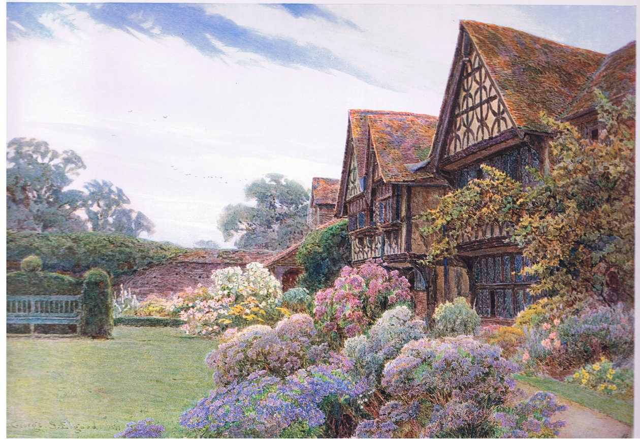 الفناء الأمامي ، Great Tangley Manor ، Surrey ، من حدائق إنجلترا: في المقاطعات الجنوبية والغربية التي نشرها The Studio ، 1907 بواسطة جورج صموئيل الجود