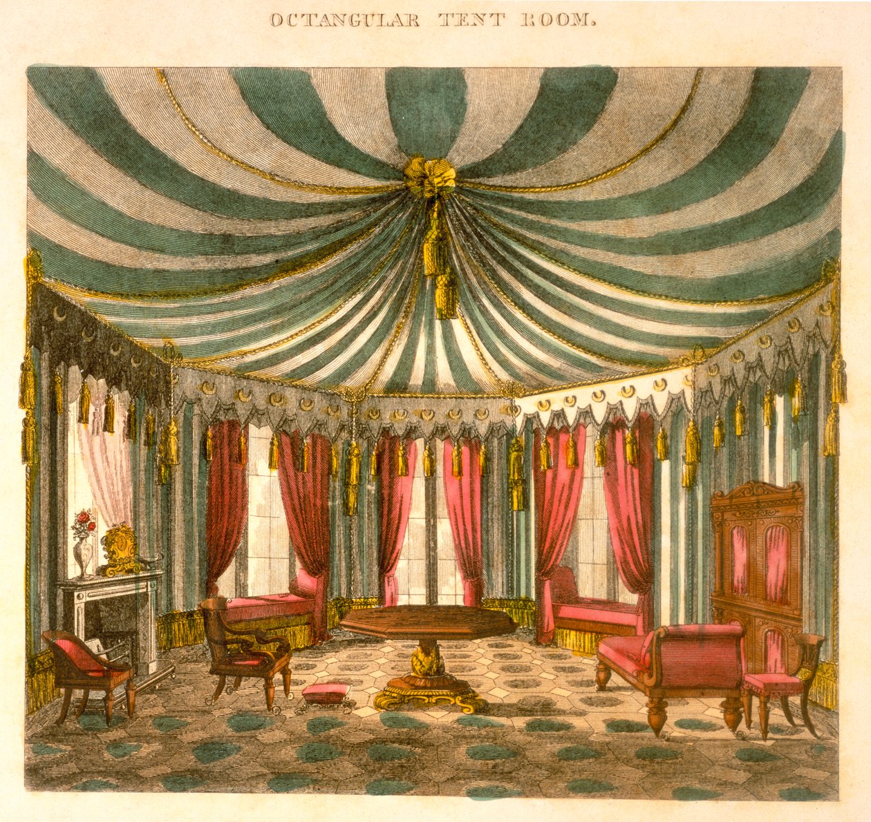 غرفة خيمة Octangular ، من Cabinet Maker&39;s and Upholsterer&39;s Guide ، كونها كتاب رسم كامل ، Pub Jones und Co ، Smith ، George (1783-1869) ، 1826 ، نقش ملون بواسطة جورج سميث