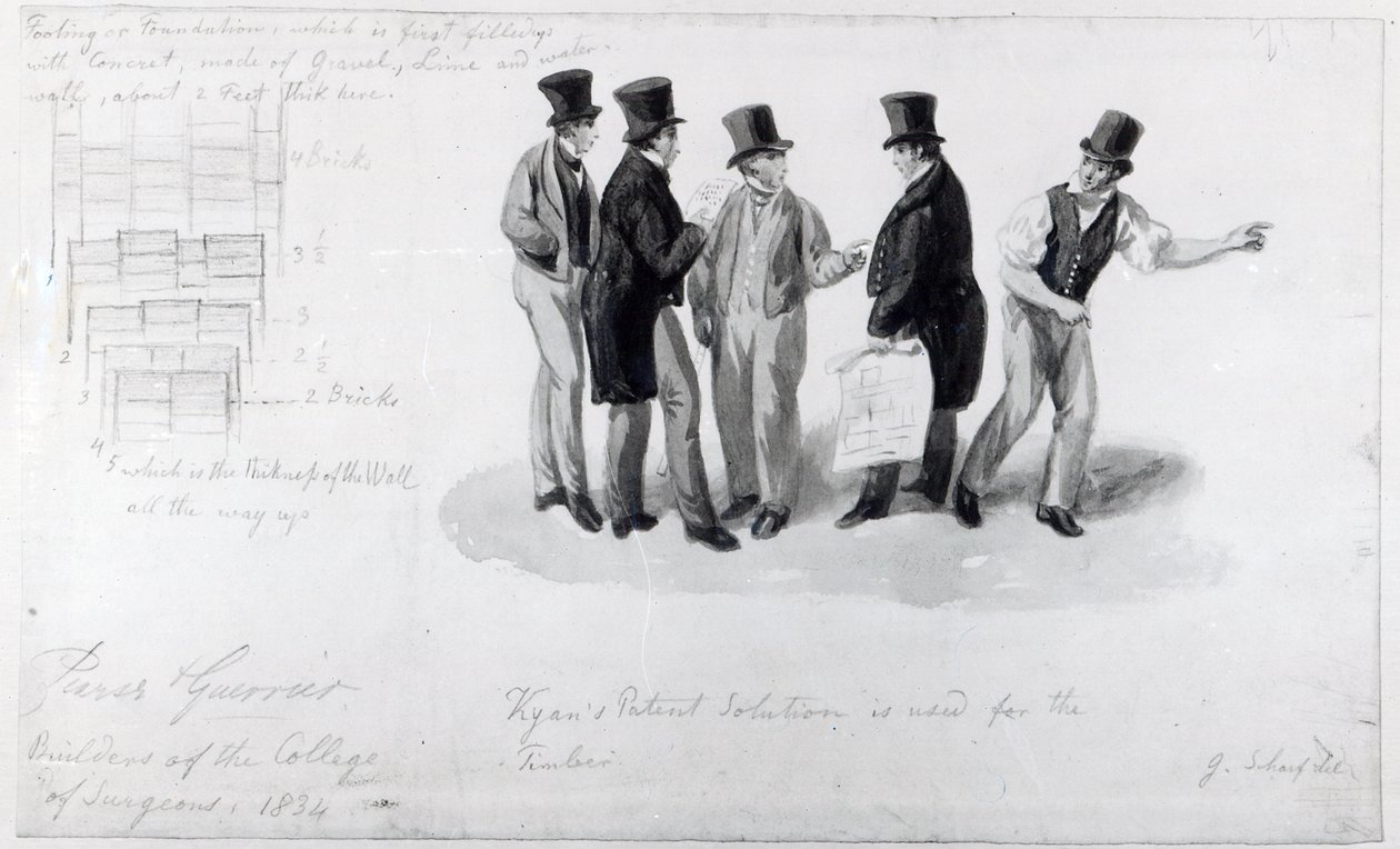 بناة ومساحون ومعماريون في مبنى الكلية الملكية للجراحين ، 1834 بواسطة جورج سنر شارب