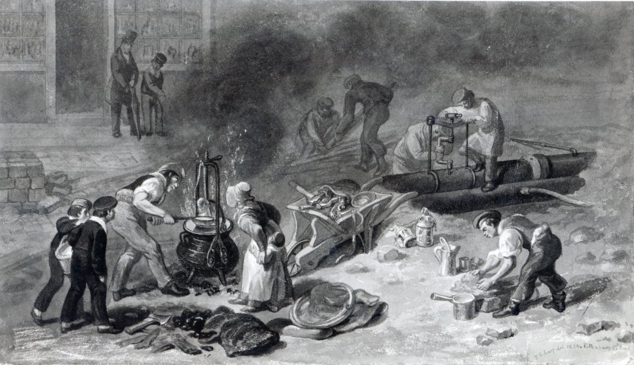 وضع المياه الرئيسية في طريق توتنهام كورت 1834 (ألوان مائية على ورق) بواسطة جورج سنر شارب