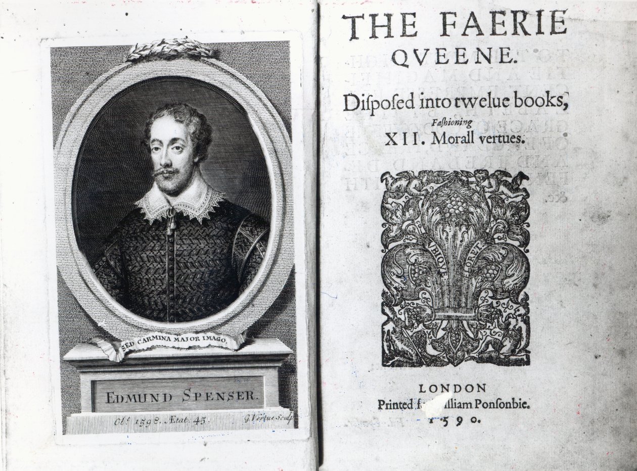 صورة إدموند سبنسر وصورة لقصيدته "Faerie Queene" ، نُشرت أصلاً في عام 1590 بواسطة جورج فيرتو