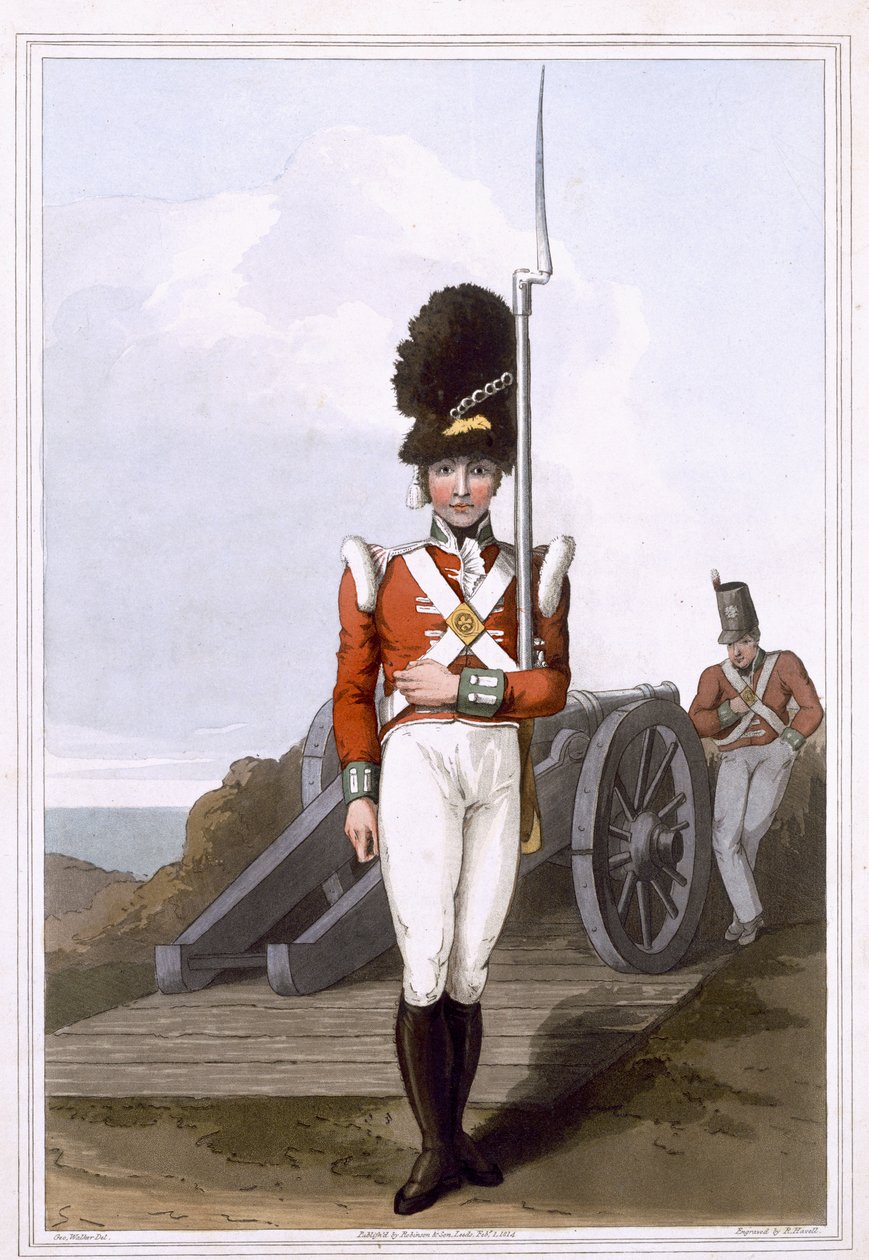 غرينادير من ميليشيا ويست يورك الأولى ، نقشها روبرت هافيل الأكبر ، نشر عام 1814 بواسطة روبنسون وابنه ، ليدز بواسطة جورج ووكر