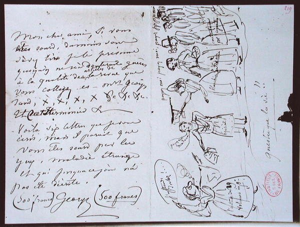 Fonds Lovenjoul E858 Ms 937 1.219 رسالة من جورج ساند (1804-1876) إلى فرانسوا بولوز ، محرر "Revue des Deux Mondes" ، تطلب دفع مبلغ مع رسم كاريكاتوري للكاتبة تظهر نفسها محاطة بالدائنين بواسطة جورج ساند