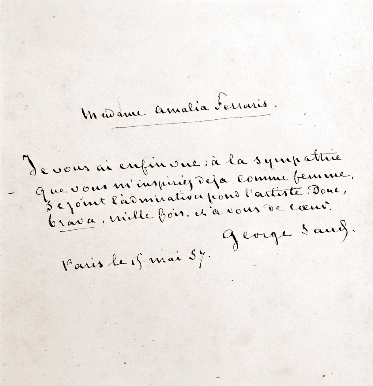 رسالة من جورج ساند (Aurore Dupin، Baronne Dudevant) (1804-1876) إلى السيدة أماليا فيراريس ، باريس 19 مارس بواسطة جورج ساند