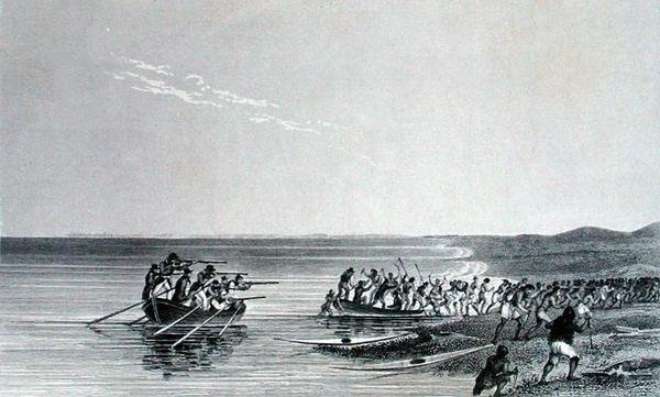 القوارب التي تطير عائمة ، من "سرد رحلة استكشافية ثانية إلى شواطئ البحر القطبي في السنوات 1825-27" للسير جون فرانكلين (1786-1847) نقشها إدوارد فيندن (1791-1857) نُشر عام 1828 (نقش) بواسطة جورج (بعد) العودة