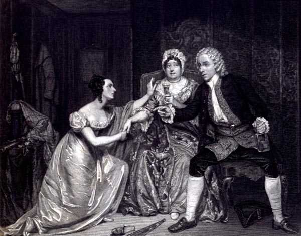 السيد بلانشارد ، السيدة دافنبورت ، الآنسة إم تري في دور Peachum ، السيدة Peachum و Polly في "The Beggar's Opera" ، نقشها كونراد كوك ، الحانة. 1825 (نقش) بواسطة جورج (بعد) كلينت