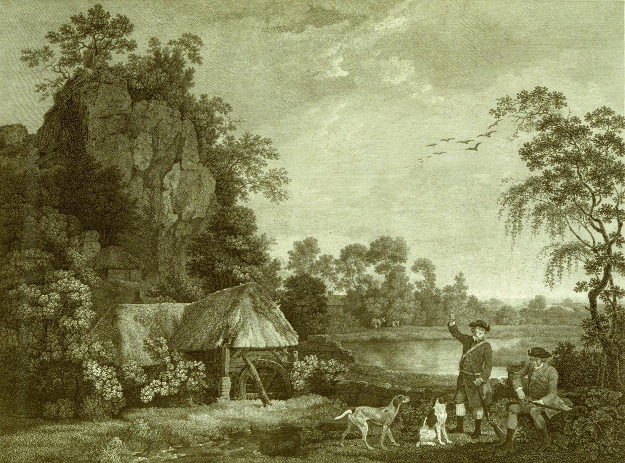 Two Gentlemen Going a Shooting, with a View of Creswell Crags, Taken on the Spot, Plate 1 (engraving) بواسطة جورج (بعد) ستابس