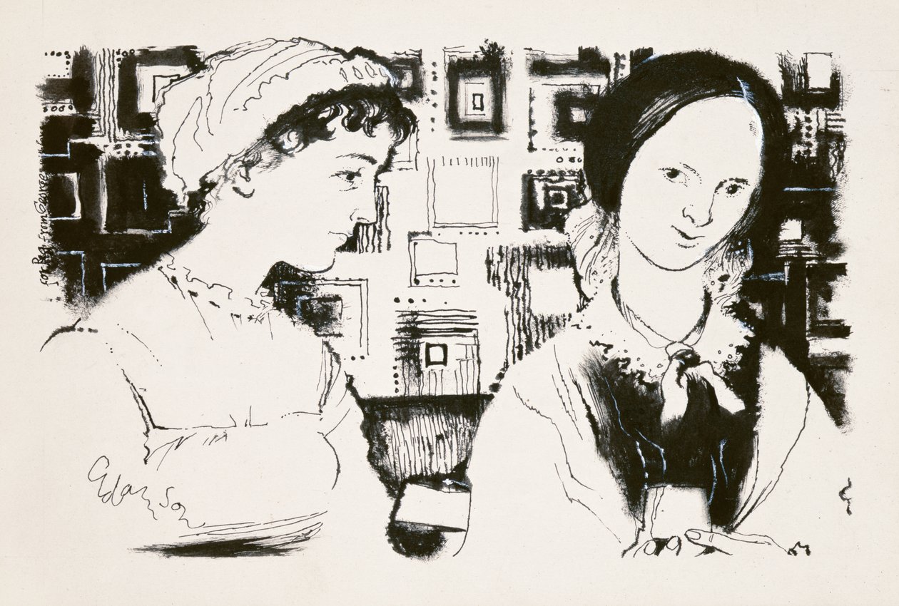 جين أوستن (1775-1817) وشارلوت برونتي (1816-55) - لقاء خيالي (حبر هندي على متن الطائرة) بواسطة جورج آدمسون