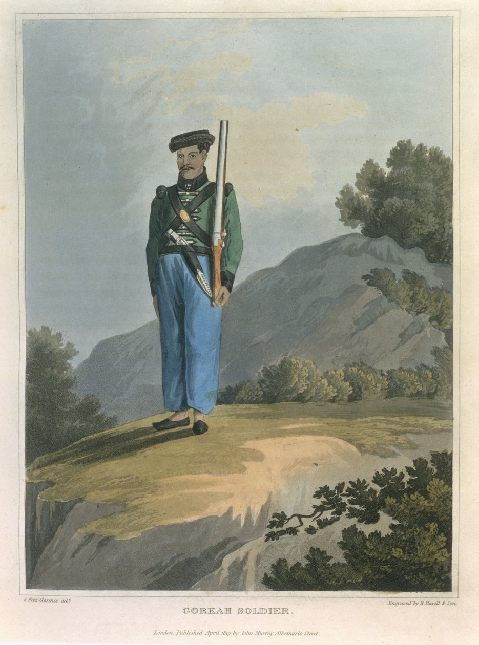 جندي Gorkah ، من مجلة طريق عبر الهند وعبر مصر ، نقش بواسطة R. Havell and Son ، pub. بقلم جون موراي ، 1819 بواسطة جورج أوغسطس فيتزكلارنس