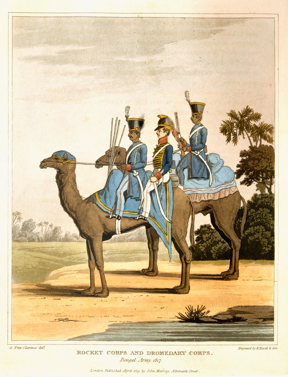 فيلق الصواريخ وقوات الدرومد ، الجيش البنغال 1817 ، من "جريدة طريق عبر الهند وعبر مصر" ، نقشها R. Havell and Son ، حانة. بقلم جون موراي ، 1819 بواسطة جورج أوغسطس فيتزكلارنس