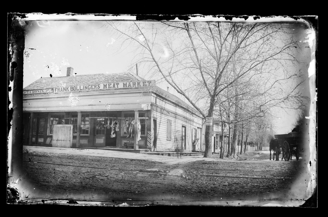 Frank Bollingers Meat Market ، Flatbush ، Brooklyn ، c.1872-87 (سلبي الرطب) بواسطة جورج برادفورد برينرد