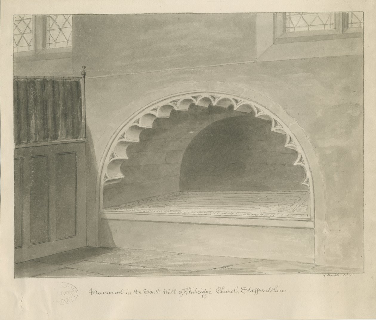 كنيسة بنكريدج - النصب التذكاري في الجدار الجنوبي: رسم بني داكن ، 1841 بواسطة جورج باكلر